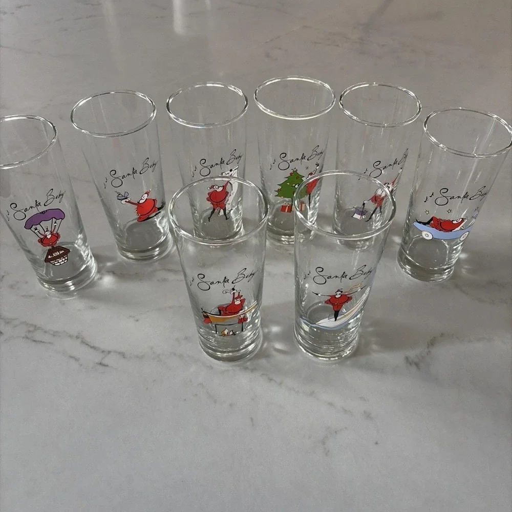 Pottery Barn Santa Baby Tall Drinking Glasses Set of 8 Retired Christmas Barewar